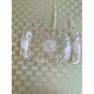 Cristal d'Arques Clear & Frosted Glass Tray with Roses 14 in  X 8.25 in France